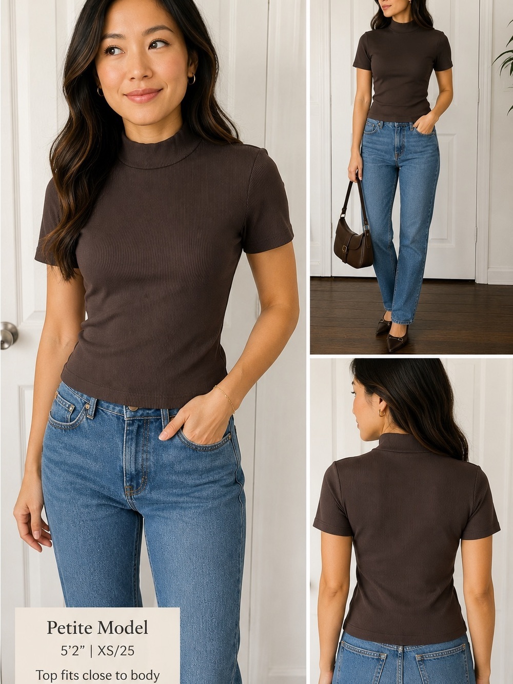 Babaton Aritzia Ribbed Mock Neck Top Brown Stretch Fitted Tee Size Medium